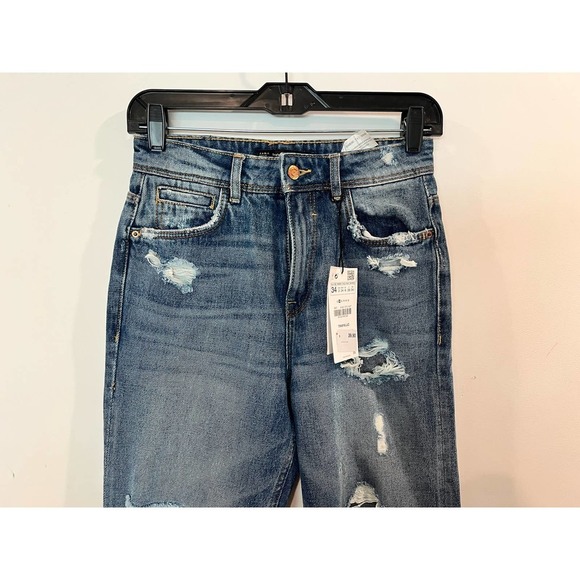 NEW Zara Jeans Womens 2 High Rise Blue Distressed Ripped Denim - Picture 4 of 8